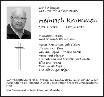 Traueranzeige von Heinrich Krummen von Neue Osnabrücker Zeitung GmbH & Co. KG