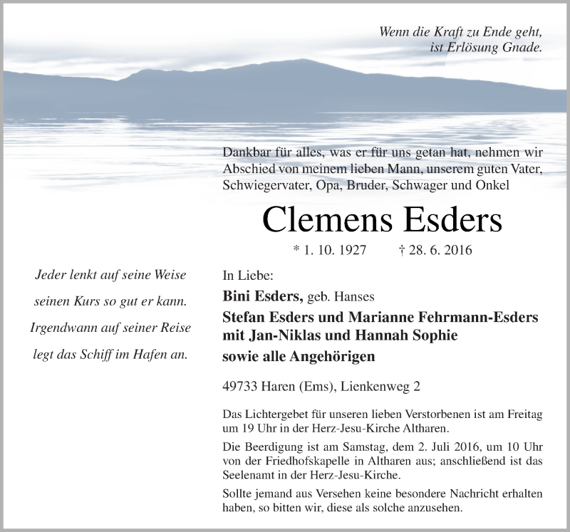  Traueranzeige für Clemens Esders vom 30.06.2016 aus Neue Osnabrücker Zeitung GmbH & Co. KG