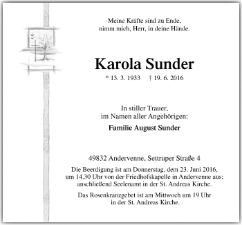 Traueranzeige von Karola Sunder von Neue Osnabrücker Zeitung GmbH & Co. KG