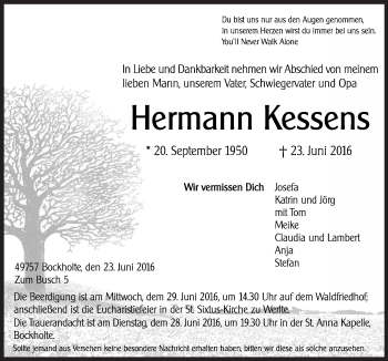 Traueranzeige von Hermann Kessens von Neue Osnabrücker Zeitung GmbH & Co. KG