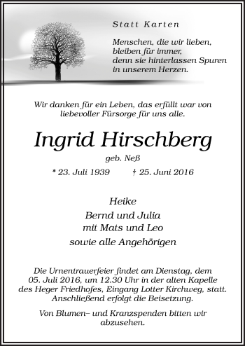 Traueranzeige von Ingrid Hirschberg von Neue Osnabrücker Zeitung GmbH & Co. KG