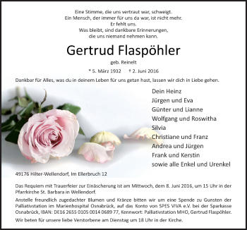 Traueranzeige von Gertrud Flaspöhler von Neue Osnabrücker Zeitung GmbH & Co. KG