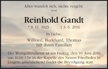 Traueranzeige von Reinhold Gandt von Neue Osnabrücker Zeitung GmbH & Co. KG