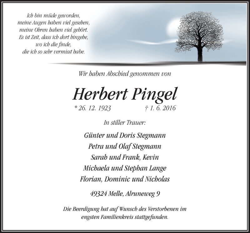  Traueranzeige für Herbert Pingel vom 07.06.2016 aus Neue Osnabrücker Zeitung GmbH & Co. KG
