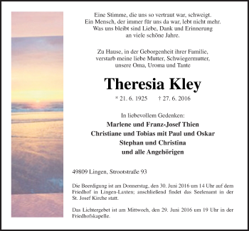 Traueranzeige von Theresia Kley von Neue Osnabrücker Zeitung GmbH & Co. KG