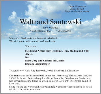 Traueranzeige von Waltraud Santowski von Neue Osnabrücker Zeitung GmbH & Co. KG