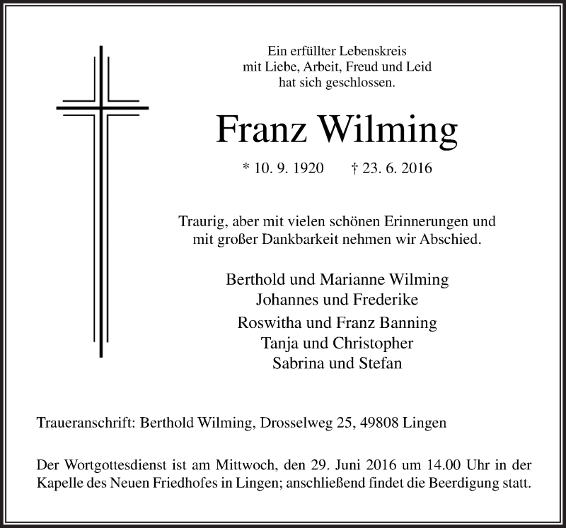  Traueranzeige für Franz Wilming vom 27.06.2016 aus Neue Osnabrücker Zeitung GmbH & Co. KG