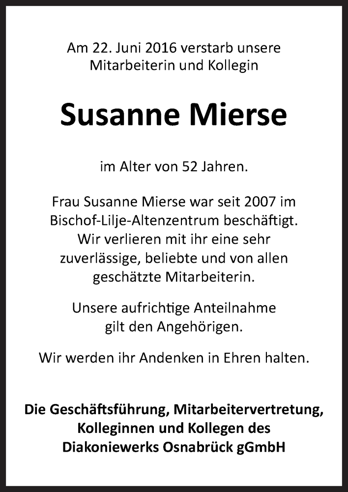  Traueranzeige für Susanne Mierse vom 27.06.2016 aus Neue Osnabrücker Zeitung GmbH & Co. KG