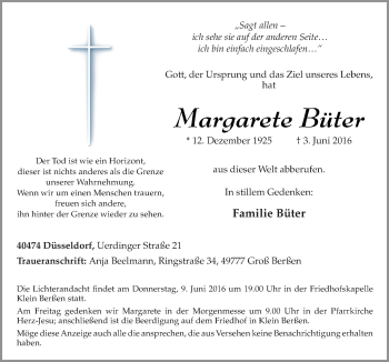 Traueranzeige von Margarete Büter von Neue Osnabrücker Zeitung GmbH & Co. KG