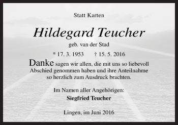 Traueranzeige von Hildegard Teucher von Neue Osnabrücker Zeitung GmbH & Co. KG
