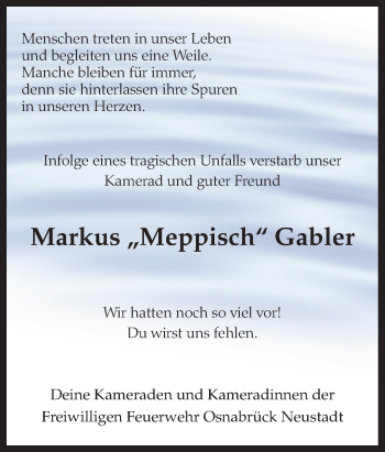 Traueranzeige von Markus Gabler von Neue Osnabrücker Zeitung GmbH & Co. KG