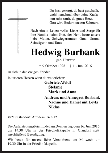Traueranzeige von Hedwig Burbank von Neue Osnabrücker Zeitung GmbH & Co. KG