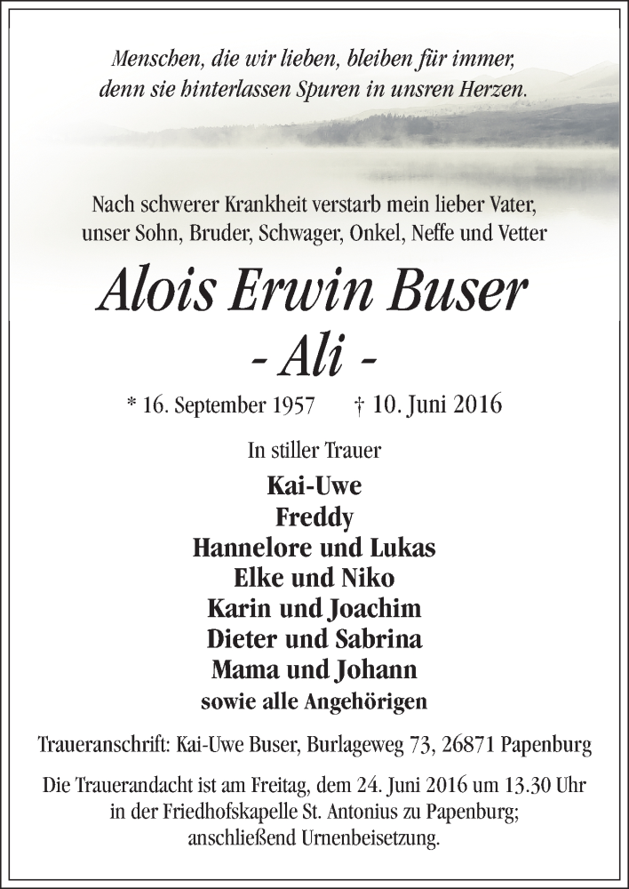  Traueranzeige für Alois Erwin Buser vom 20.06.2016 aus Neue Osnabrücker Zeitung GmbH & Co. KG
