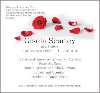 Traueranzeige von Gisela Searley von Neue Osnabrücker Zeitung GmbH & Co. KG