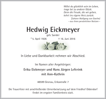 Traueranzeige von Hedwig Eickmeyer von Neue Osnabrücker Zeitung GmbH & Co. KG
