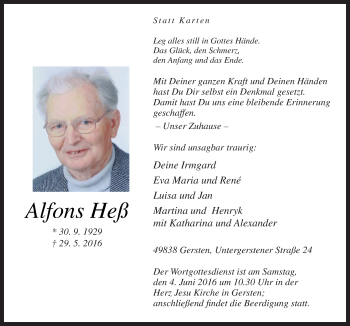 Traueranzeige von Alfons Heß von Neue Osnabrücker Zeitung GmbH & Co. KG