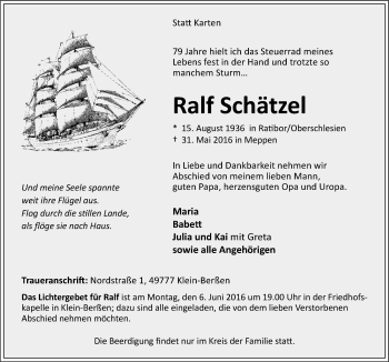 Traueranzeige von Ralf Schätzel von Neue Osnabrücker Zeitung GmbH & Co. KG