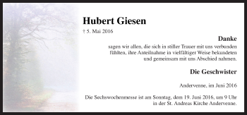 Traueranzeige von Hubert Giesen von Neue Osnabrücker Zeitung GmbH & Co. KG