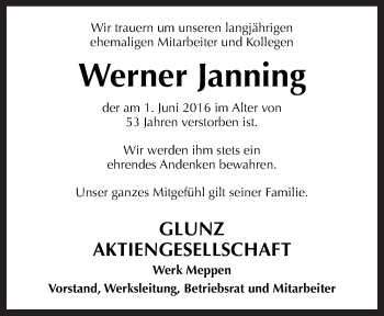 Traueranzeige von Werner Janning von Neue Osnabrücker Zeitung GmbH & Co. KG