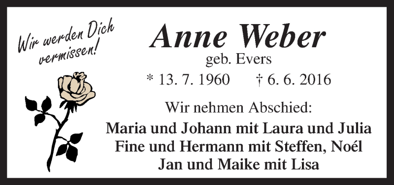  Traueranzeige für Anne Weber vom 08.06.2016 aus Neue Osnabrücker Zeitung GmbH & Co. KG