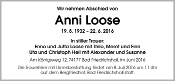Traueranzeige von Anni Loose von Neue Osnabrücker Zeitung GmbH & Co. KG