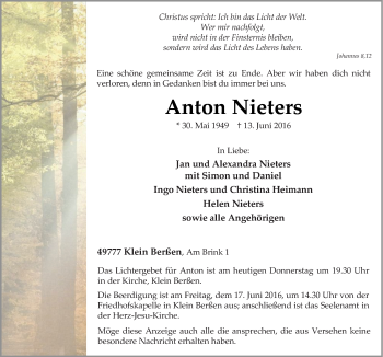 Traueranzeige von Anton Nieters von Neue Osnabrücker Zeitung GmbH & Co. KG