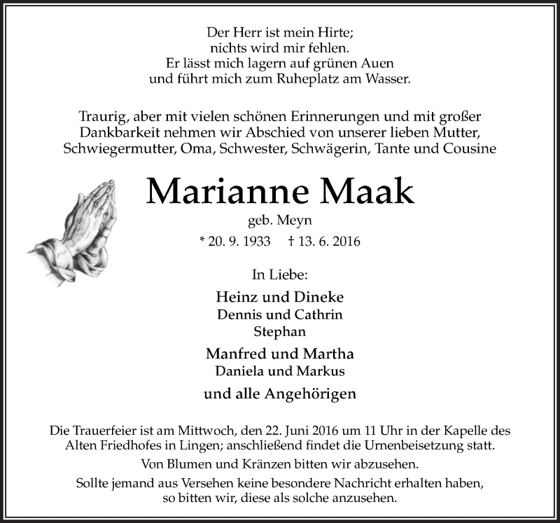  Traueranzeige für Marianne Maak vom 18.06.2016 aus Neue Osnabrücker Zeitung GmbH & Co. KG