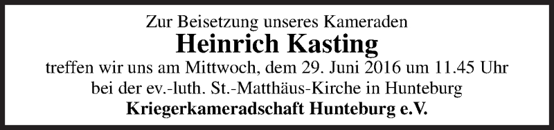  Traueranzeige für Heinrich Kasting vom 25.06.2016 aus Neue Osnabrücker Zeitung GmbH & Co. KG