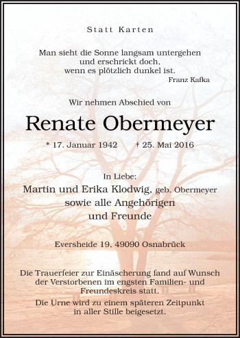 Traueranzeige von Renate Obermeyer von Neue Osnabrücker Zeitung GmbH & Co. KG