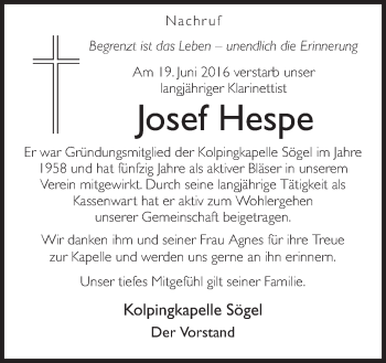 Traueranzeige von Josef Hespe von Neue Osnabrücker Zeitung GmbH & Co. KG