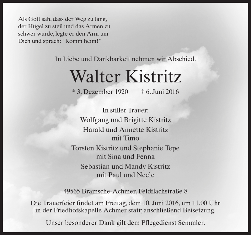  Traueranzeige für Walter Kistritz vom 08.06.2016 aus Neue Osnabrücker Zeitung GmbH & Co. KG