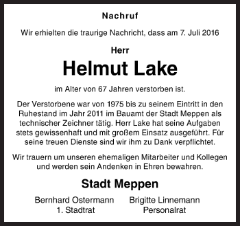 Traueranzeige von Helmut Lake von Neue Osnabrücker Zeitung GmbH & Co. KG