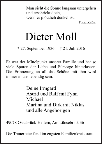 Traueranzeige von Dieter Moll von Neue Osnabrücker Zeitung GmbH & Co. KG