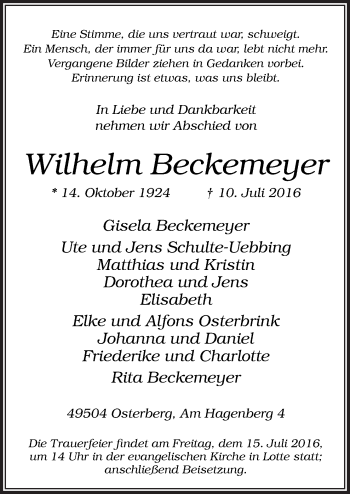 Traueranzeige von Wilhelm Beckemeyer von Neue Osnabrücker Zeitung GmbH & Co. KG