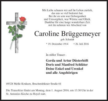 Traueranzeige von Caroline Brüggemeyer von Neue Osnabrücker Zeitung GmbH & Co. KG
