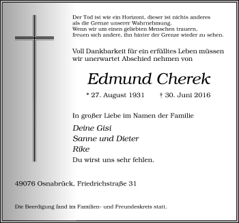 Traueranzeige von Edmund Cherek von Neue Osnabrücker Zeitung GmbH & Co. KG