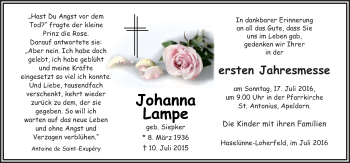 Traueranzeige von Johanna Lampe von Neue Osnabrücker Zeitung GmbH & Co. KG