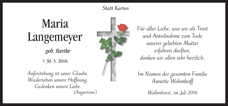  Traueranzeige für Maria Langemeyer vom 16.07.2016 aus Neue Osnabrücker Zeitung GmbH & Co. KG