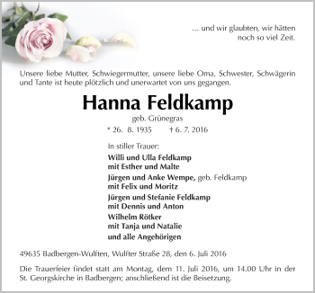 Traueranzeige von Hanna Feldkamp von Neue Osnabrücker Zeitung GmbH & Co. KG