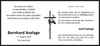 Traueranzeige von Bernhard Aselage von Neue Osnabrücker Zeitung GmbH & Co. KG