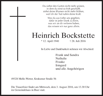 Traueranzeige von Heinrich Bockstette von Neue Osnabrücker Zeitung GmbH & Co. KG