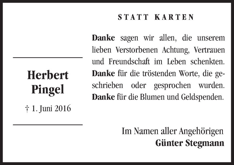  Traueranzeige für Herbert Pingel vom 16.07.2016 aus Neue Osnabrücker Zeitung GmbH & Co. KG