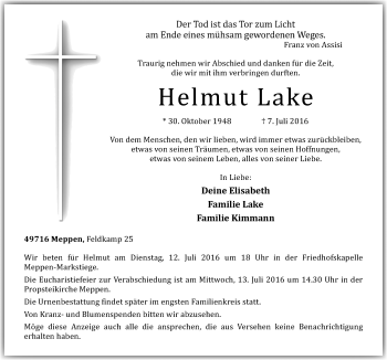 Traueranzeige von Helmut Lake von Neue Osnabrücker Zeitung GmbH & Co. KG