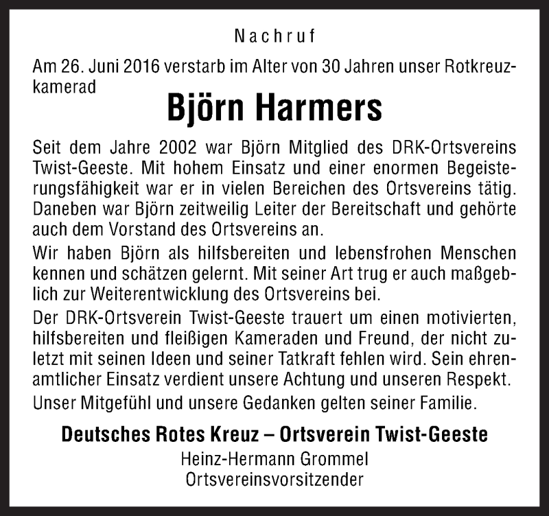  Traueranzeige für Björn Harmers vom 01.07.2016 aus Neue Osnabrücker Zeitung GmbH & Co. KG