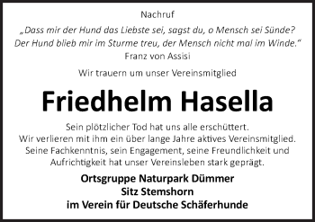 Traueranzeige von Friedhelm Hasella von Neue Osnabrücker Zeitung GmbH & Co. KG