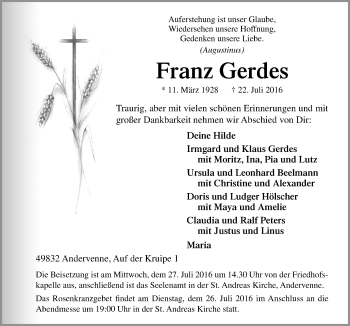 Traueranzeige von Franz Gerdes von Neue Osnabrücker Zeitung GmbH & Co. KG