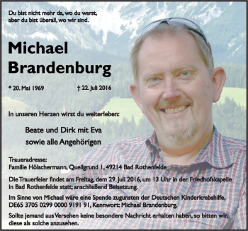 Traueranzeige von Michael Brandenburg von Neue Osnabrücker Zeitung GmbH & Co. KG