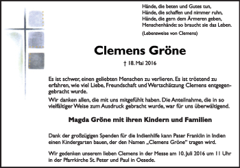 Traueranzeige von Clemens Gröne von Neue Osnabrücker Zeitung GmbH & Co. KG