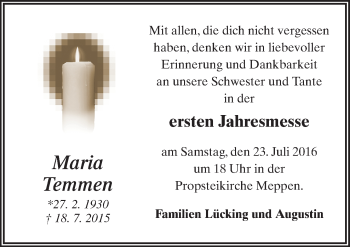 Traueranzeige von Maria Temmen von Neue Osnabrücker Zeitung GmbH & Co. KG