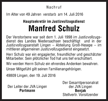 Traueranzeige von Manfred Schulz von Neue Osnabrücker Zeitung GmbH & Co. KG